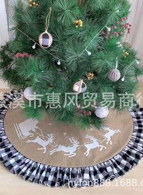 跨境新款圣诞树裙仿麻布印花黑白格纹花边裙家居圣诞树装饰裙