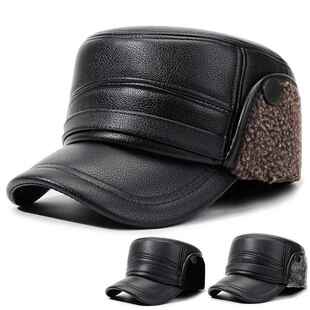 中老年男士帽子冬季男款加绒护耳帽老人防寒平顶帽皮帽保暖爷爷帽