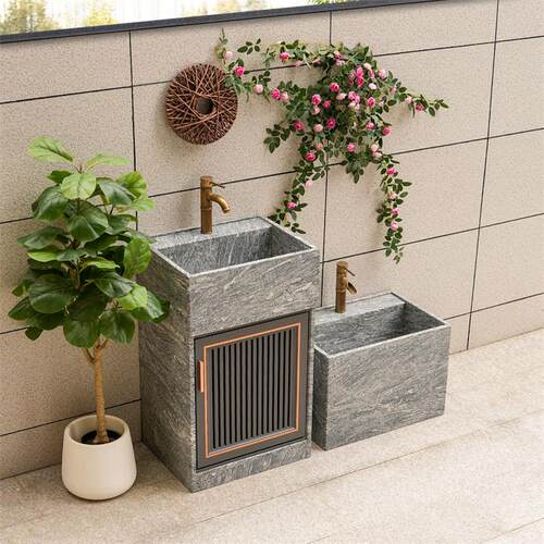 浪淘沙户外立柱盆洗手盆带柜门阳台花园水槽天然花岗岩洗手台别墅