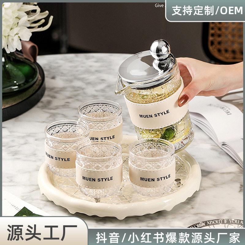 玻璃水杯带托盘套装家用下午茶水果茶壶美容院耐热玻璃花茶茶具
