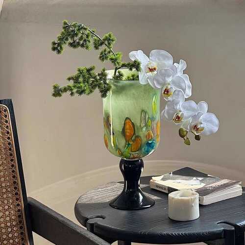 法式高脚玻璃花瓶高级感特别好看的桌面装饰琉璃花器复古绿色插花