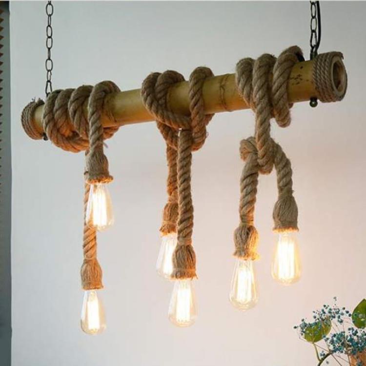 复古咖啡厅个性创意餐厅仿古麻绳旧竹吊灯麻绳吊灯