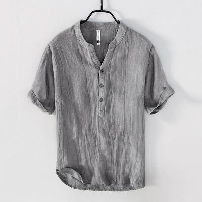 Thin linen short sleeved T-shirt men's stand up collar