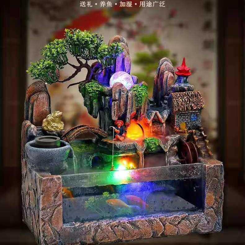 仿真树叶假山鱼池流水喷泉 雾化加湿鱼缸假山 室内客厅工艺摆件