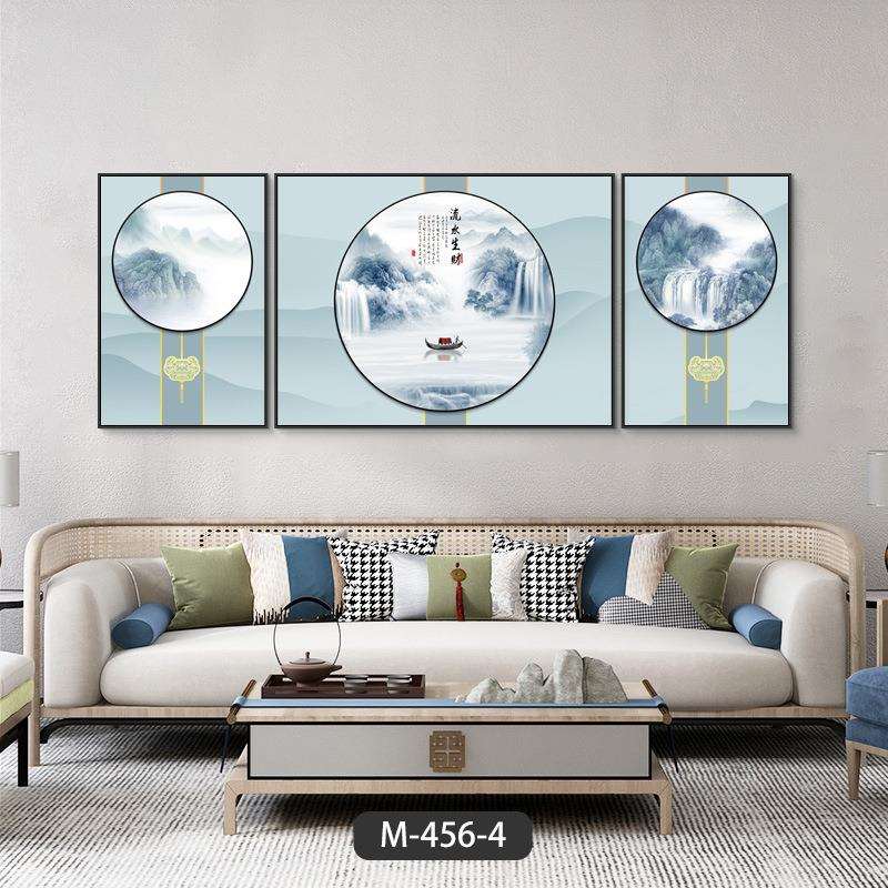 山水画客厅三联画新中式流水生财海纳百川沙发背景画装饰画2023新