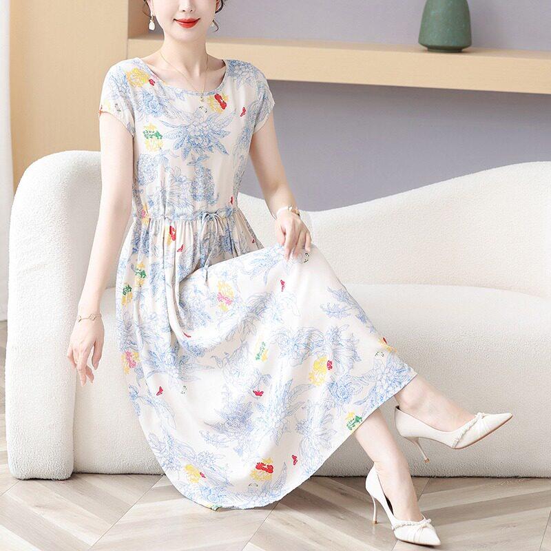 夏天年轻款妈妈优雅气质人造棉连衣裙女收腰中长款棉绸睡裙外穿