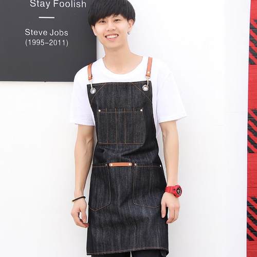 牛仔围裙厨房做饭咖啡师绘画西餐厅理发师奶茶店工作服印字LOGO