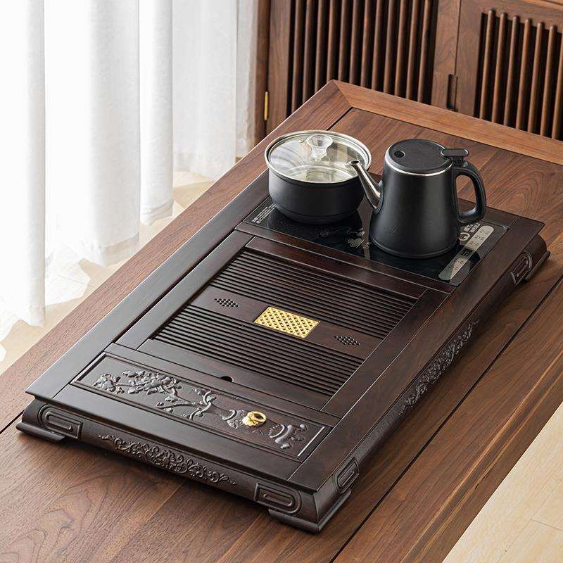 茶具套装家用高端黑檀实木边雕茶盘茶台无茶具款玻璃烧水壶一体式