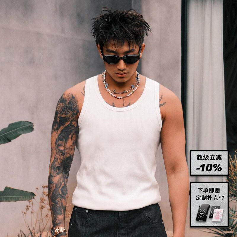 RESERFF 立体坑条微弹针织螺纹纯棉工字打底无袖背心男款潮流痞帅