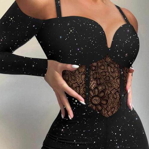 Glitter Cold Shoulder Contrast Lace Corset Jumpsuit连衣裤女