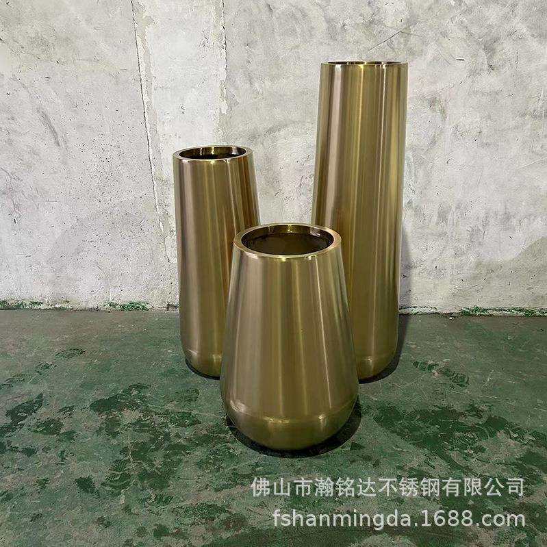 不锈钢古铜色花盆景观美陈设计花钵金属花盆烤漆插花镜面金色花架