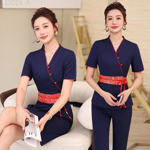 夏季前开衫工装养生会所足疗技师服中式艾灸养生工装藏青色裤套装