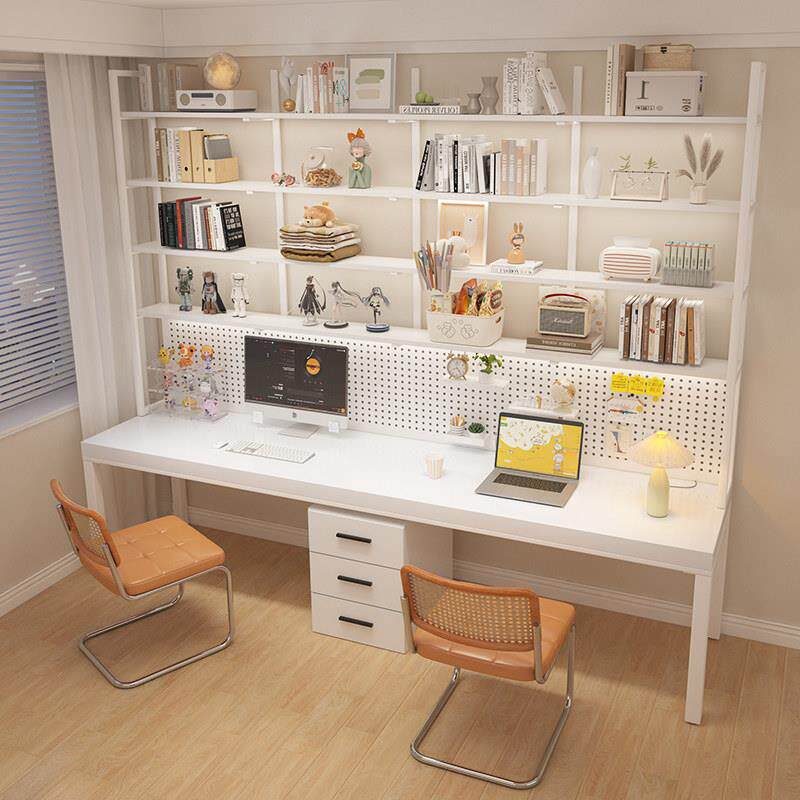 洞洞板双人电脑桌白色书桌初中生学习桌实木书桌书柜书架一体