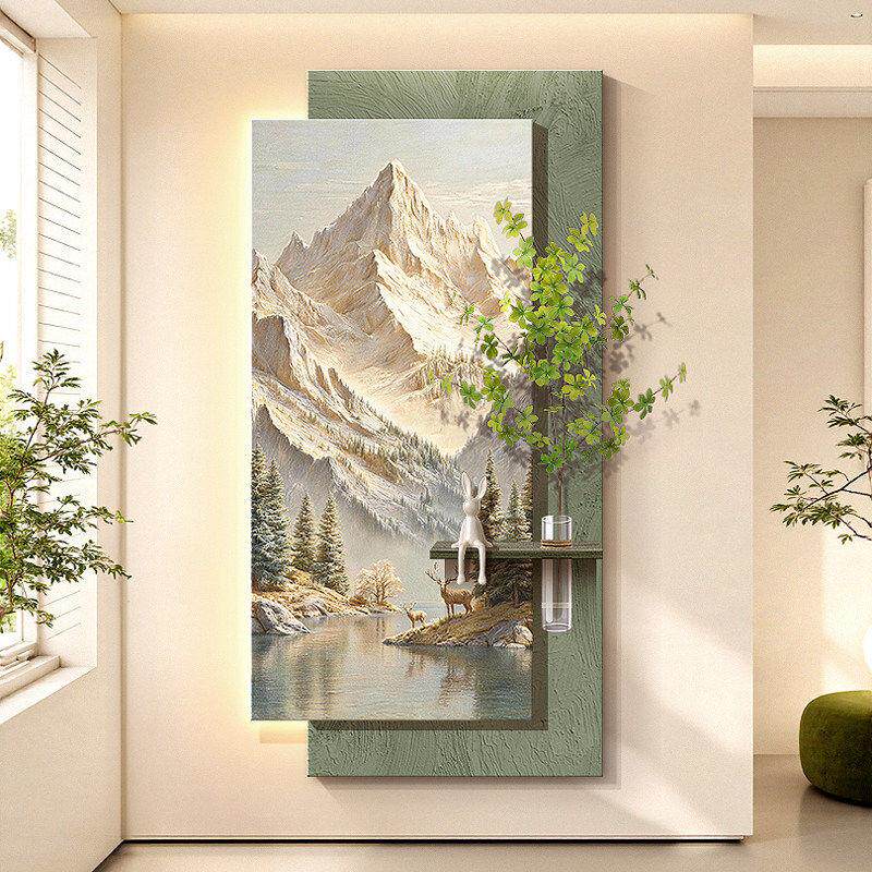 聚宝盆走廊砂岩壁画灯麋鹿水培绿植入户门挂画北欧金山玄关装饰画
