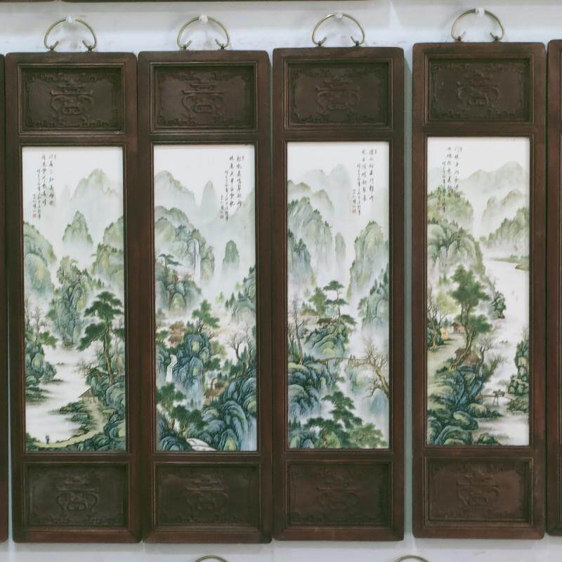 仿古实木框陶瓷瓷板画四条屏山水花鸟墙壁挂画屏风玄关装饰