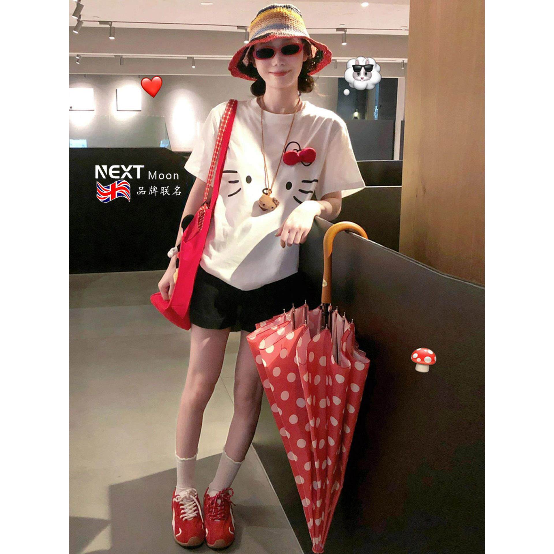 Next Moon英国联名白色kitty猫印花正肩短袖T恤女夏季2025款百搭