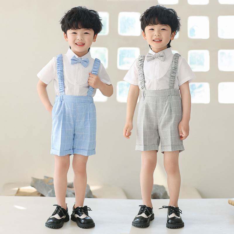 2026新款夏季儿童背带裤套装短裤短袖礼服六一儿童节表演服格子西