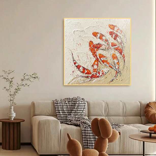 手绘油画砂岩肌理纯立体红色挂装饰画客厅鲤鱼画玄关锦鲤新中式画图片