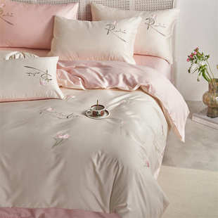 纯棉床单被套全棉床上用品4 高级感100S长绒棉刺绣四件套2024新款