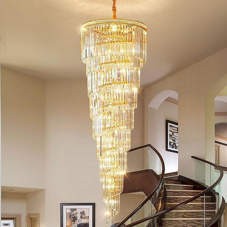 欧式复式楼客厅大吊灯别墅楼中楼酒店大堂楼梯金色水晶大厅灯