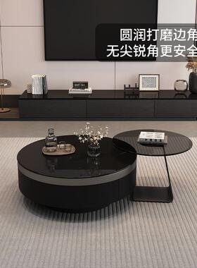 意式轻奢黑色玻璃茶几电视柜组合伸缩客厅2025新款家用落地小户型