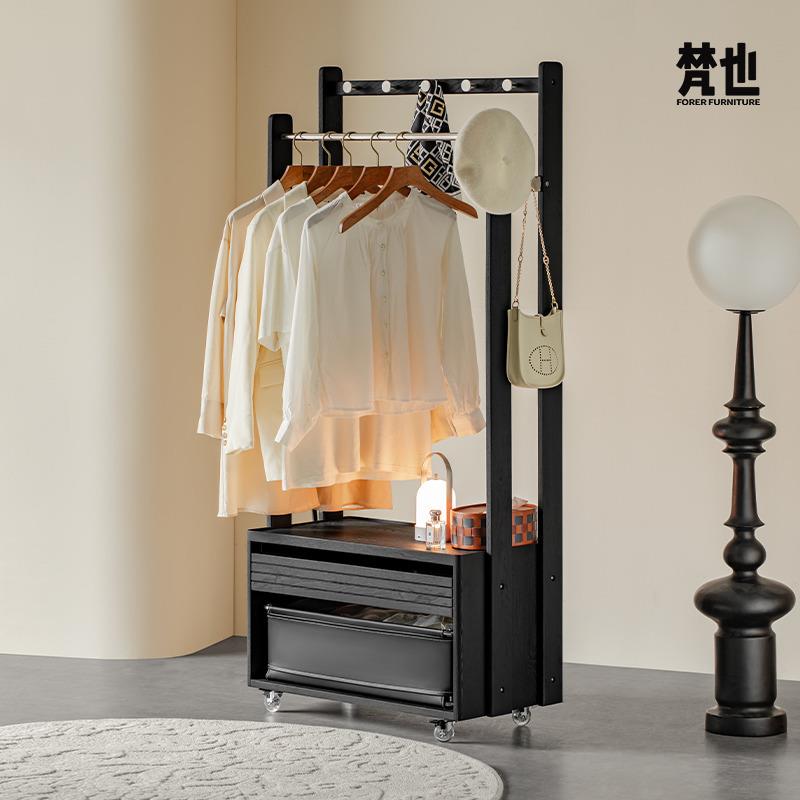 梵也家具落地衣帽架黑色实木隔夜衣服收纳架移动床头柜挂衣架一体