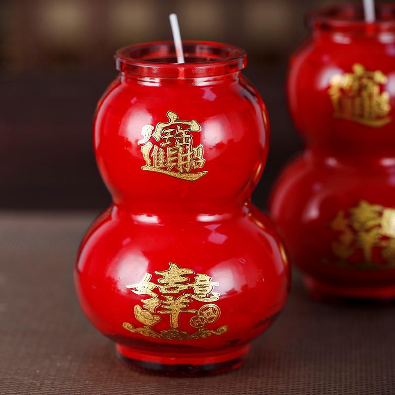 代代红葫芦无烟蜡烛福禄玻璃杯60小时家用室内植物酥油灯防风烛台