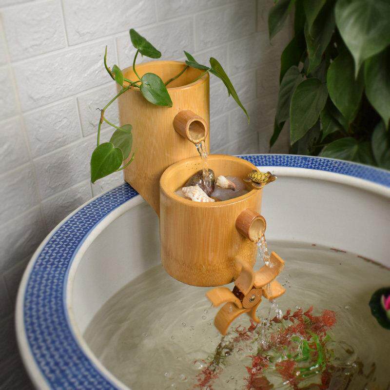 陶瓷石槽鱼缸壁挂瀑布式过滤器造景循环水增氧三合一竹子流水摆件