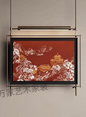 中式风金属杆发光壁画客厅沙发背景墙高级感壁饰壁灯玄关茶室挂画
