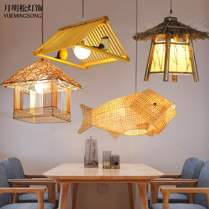 鱼形吊灯鲤鱼中式灯饰茶楼农家乐藤编草帽餐厅蜡烛木艺鱼灯创意