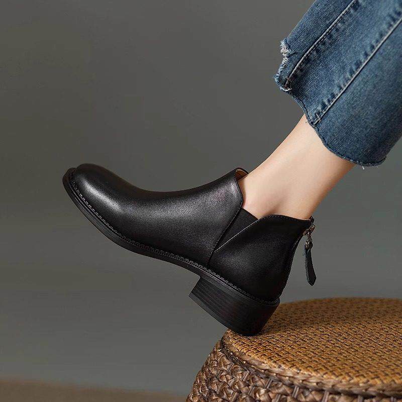 巨软单靴法式小踝靴覆古手工真皮及踝靴冬新款圆头拉炼中跟短靴女