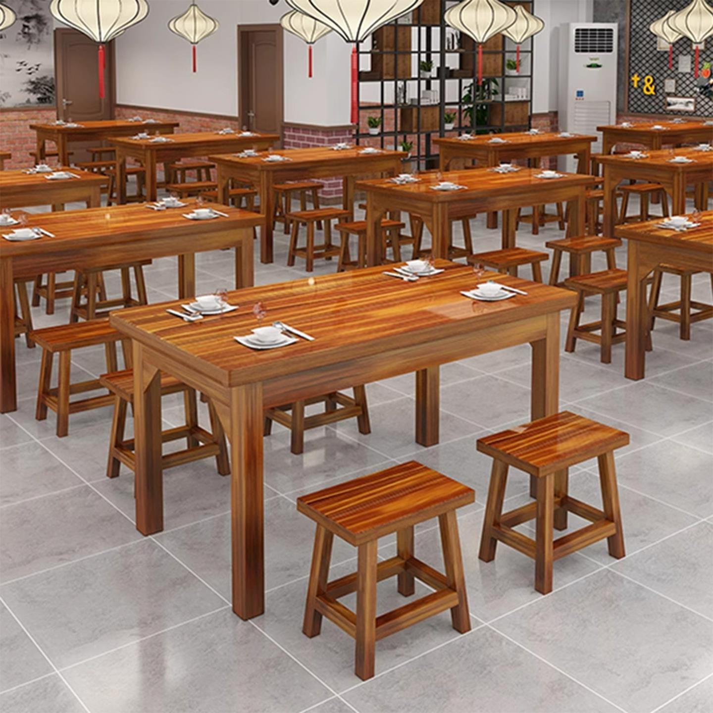 实木餐桌长方形桌子商用面馆小吃快餐烧烤火锅铁锅炖饭店桌椅组合