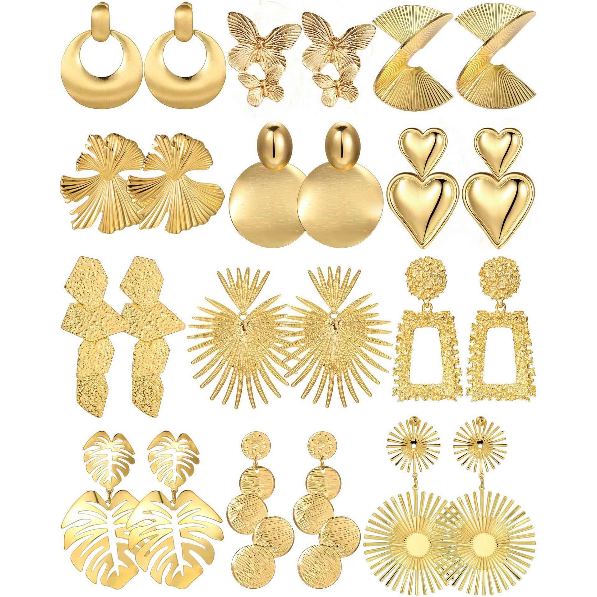 Golden Earrings women欧美朋克风不规则螺旋叶子梯形蝴蝶耳环女