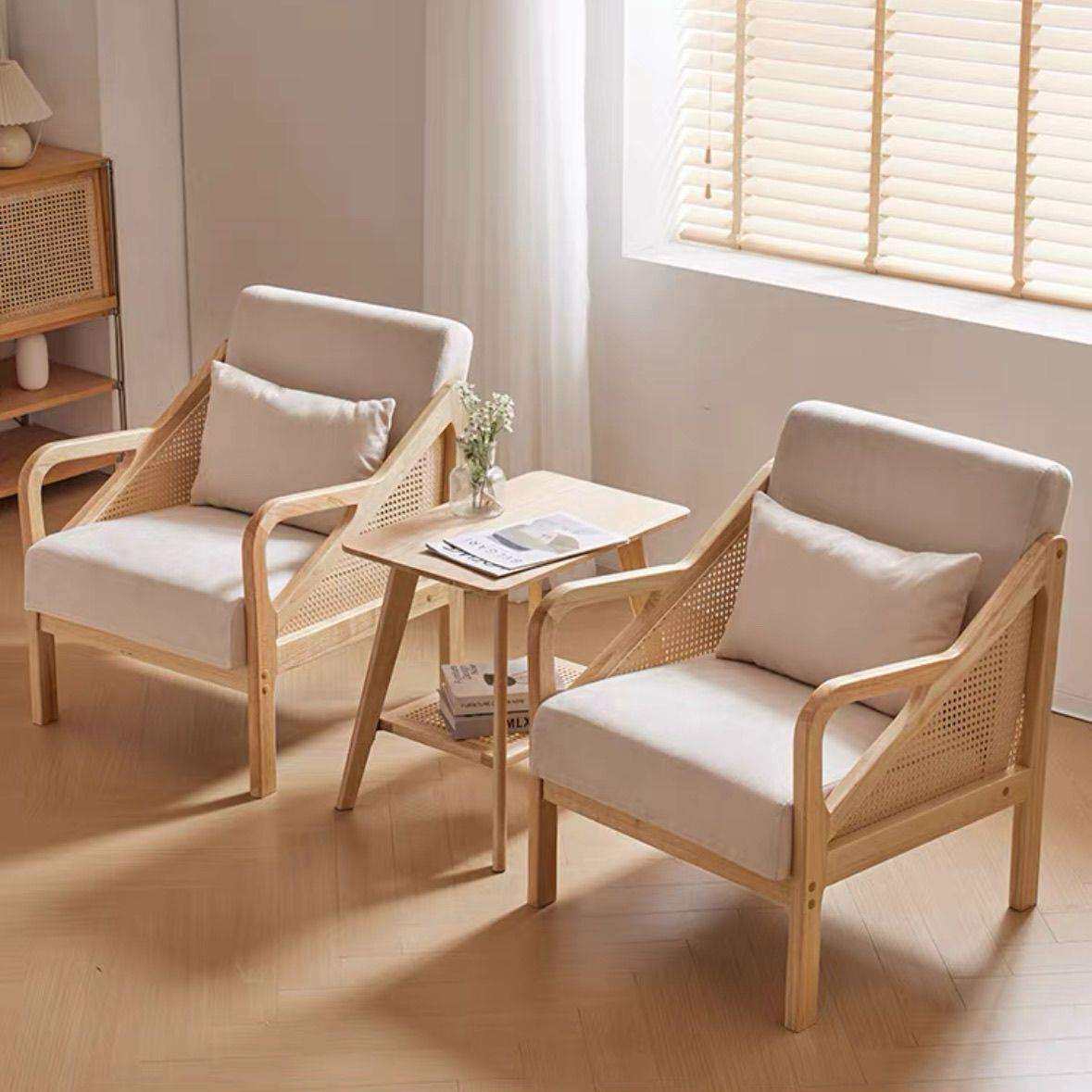 接待会客洽谈实木单人沙发椅北欧现代简约民宿椅子阳台茶几休闲椅