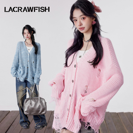 LA CRAWFISH多巴胺甜美软糯慵懒风宽松破洞v领针织开衫毛衣外套女