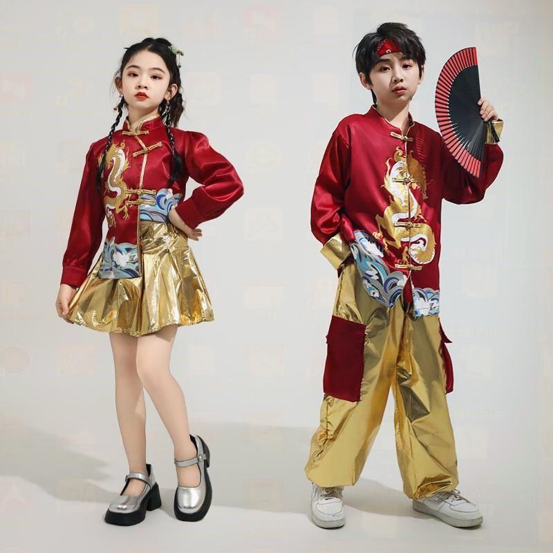 街舞潮服中国风套装男女孩爵士舞表演服唐装喜庆龙服舞台童演出服