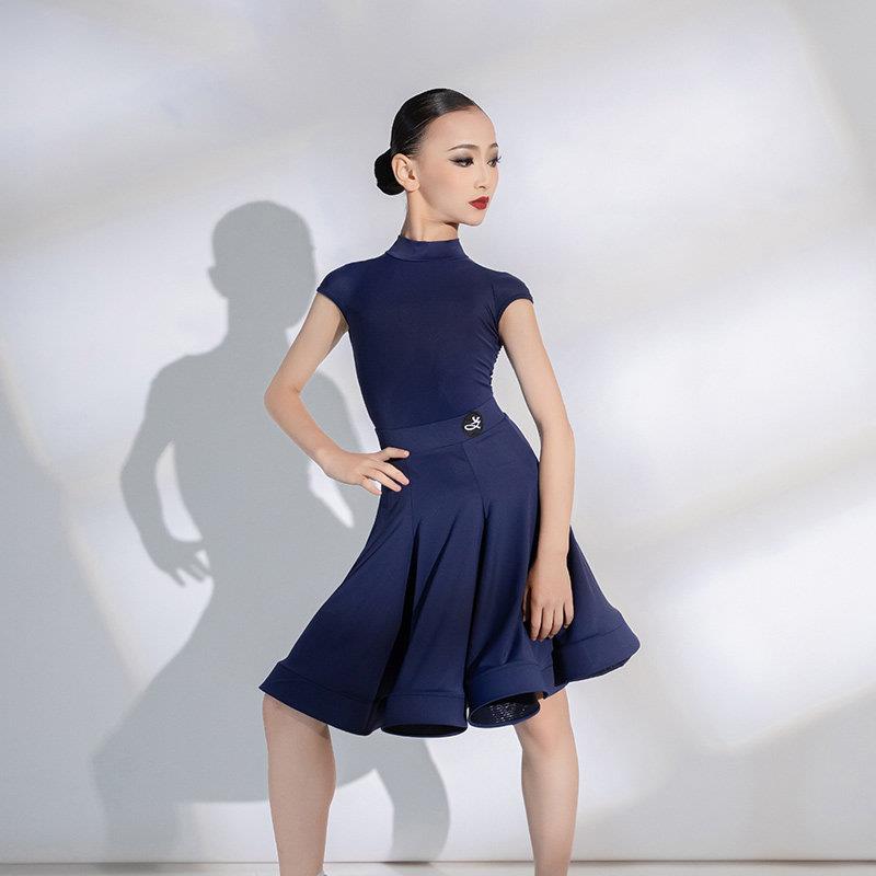 藏青色拉丁舞比赛服女儿童舞蹈服拉丁舞裙分体套装练功服短袖新款