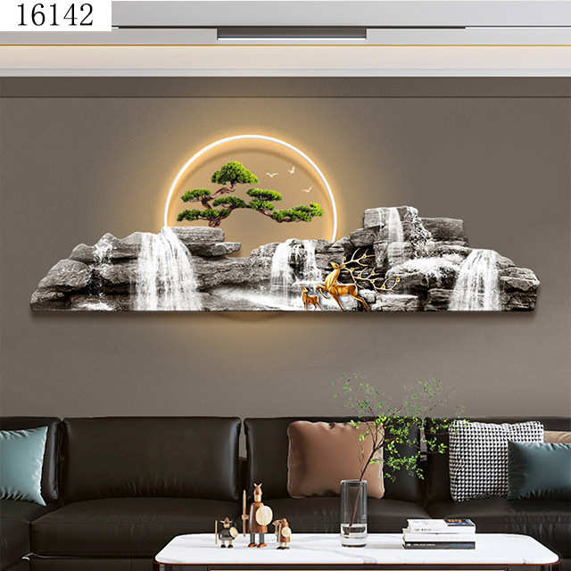 流水生财客厅装饰画带灯新中式麋鹿沙发背景墙壁画迎客松发光壁饰