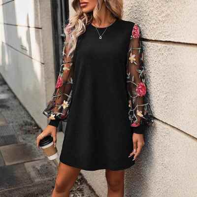 Women's Floral Embroidery Mesh Fabric Balloon Bishop Sleeve