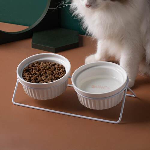 猫碗陶瓷双碗水碗保护颈椎高脚倾斜猫咪粮碗饮水碗宠物碗斜口食盆