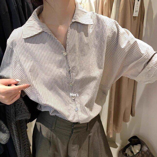 韩国简约设计感条纹衬衫女春秋女装新款通勤休闲衬衣气质长袖上衣