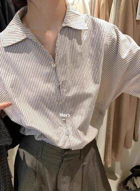 韩国简约设计感条纹衬衫女春秋女装新款通勤休闲衬衣气质长袖上衣