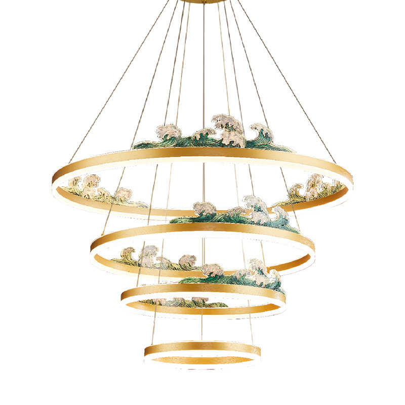 新中式别墅复式楼客厅大吊灯中国风禅意珐琅彩圆环茶室餐厅包厢灯