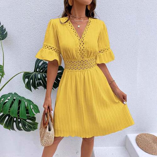 Women's Plain V Neck Lace Woven Dress Casual Bohemian