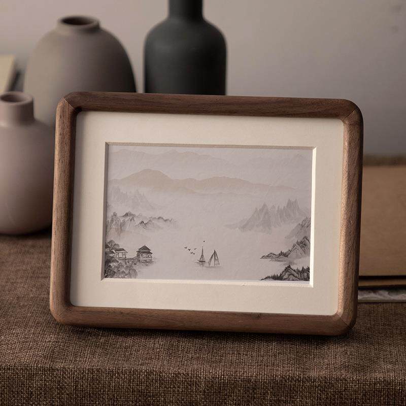 相框摆台实木质榫卯六寸圆角画框卡纸装裱圆形照片黑胡桃相框挂墙
