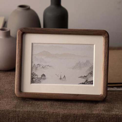 相框摆台实木质榫卯六寸圆角画框卡纸装裱圆形照片黑胡桃相框挂墙