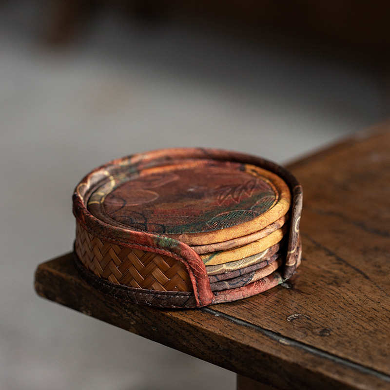 手工杯垫缎面印花杯托竹编隔热垫中式复古风壶垫功夫茶具茶道配件