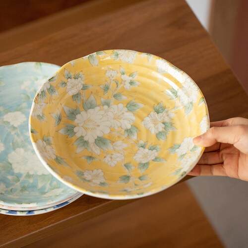 日本进口美浓烧木槿花陶瓷大盘子日式餐具盘碟家用釉下彩菜盘汤盘