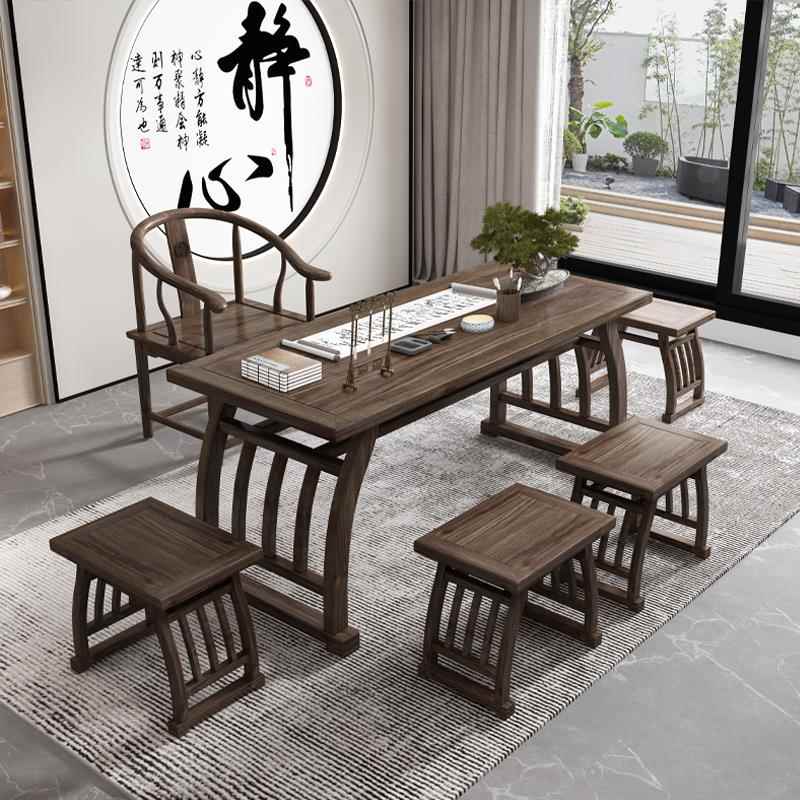 需定制实木儿童毛笔书法桌书画桌中式仿古榆木简约国学桌马鞍桌茶