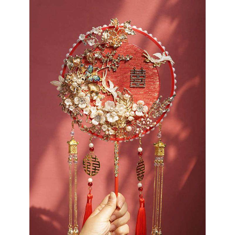 61K3新娘结婚团扇diy材料包手工古风秀禾喜扇红色成品重工中式婚,特色手工艺,竹编/竹雕,淘宝优惠券,粉丝福利购,淘宝优惠卷